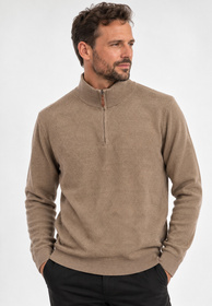 Sweter Męski Bawełniany Z Półzamkiem Stójką Elegancki Klasyczny Beżowy