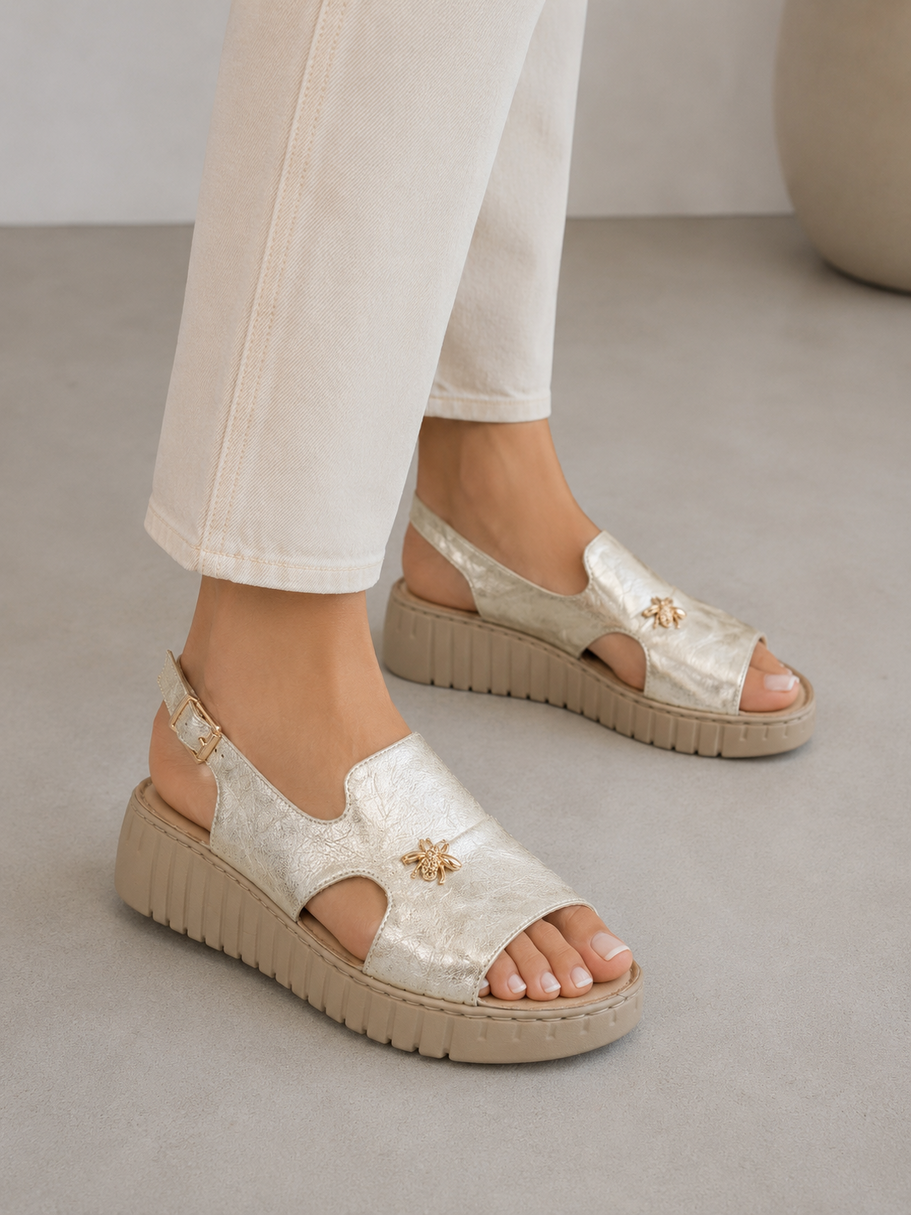 Sandały Damskie Ekoskóra Eleganckie Buty Stylowe Na Platformie Złote