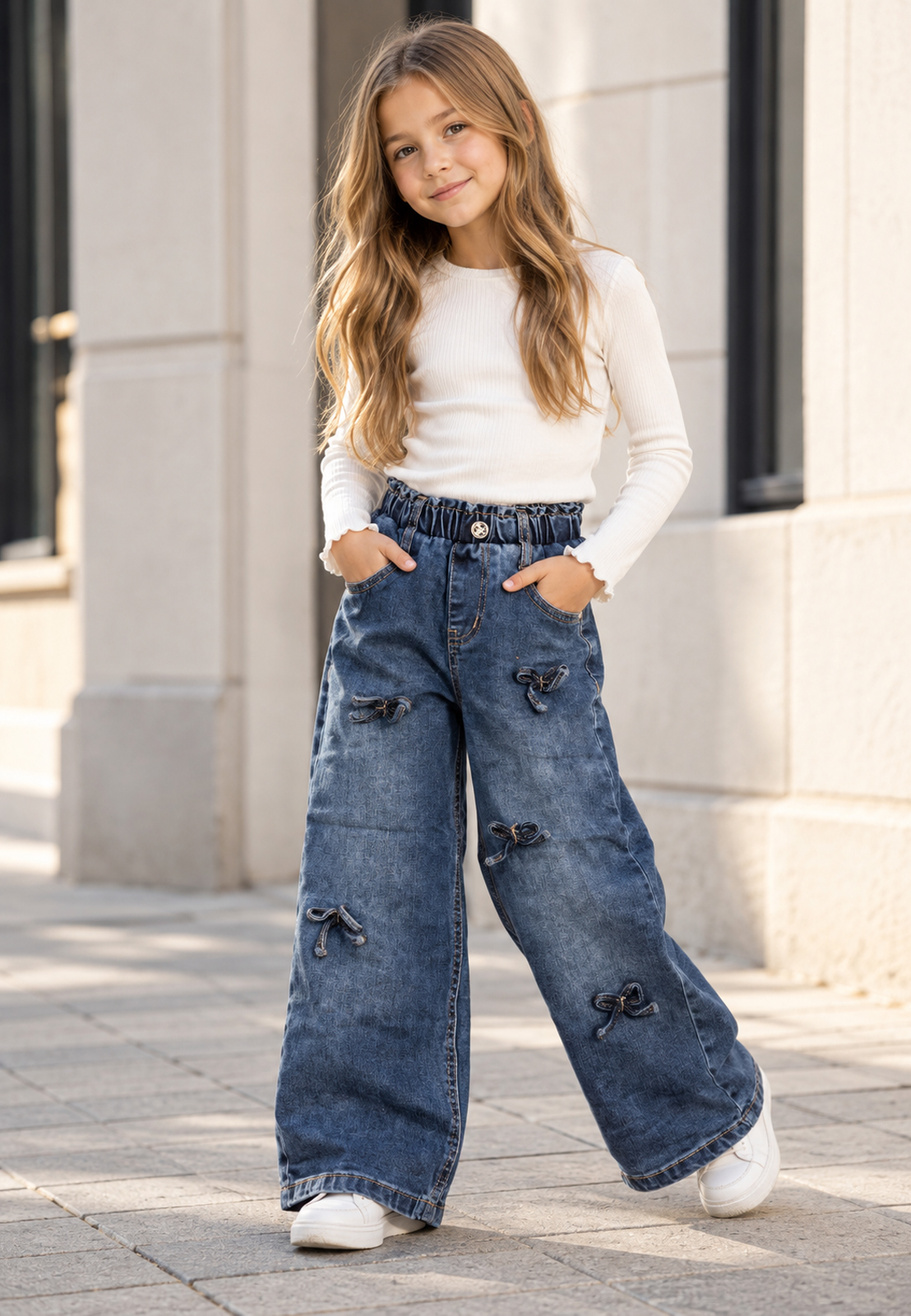 Jeansy Dziewczęce Szerokie z Kokardkami Wysoki Stan Denim Niebieskie