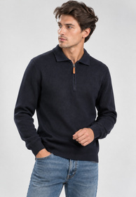 Sweter Męski Bawełniany Z Półzamkiem Stójką Elegancki Klasyczny Granat