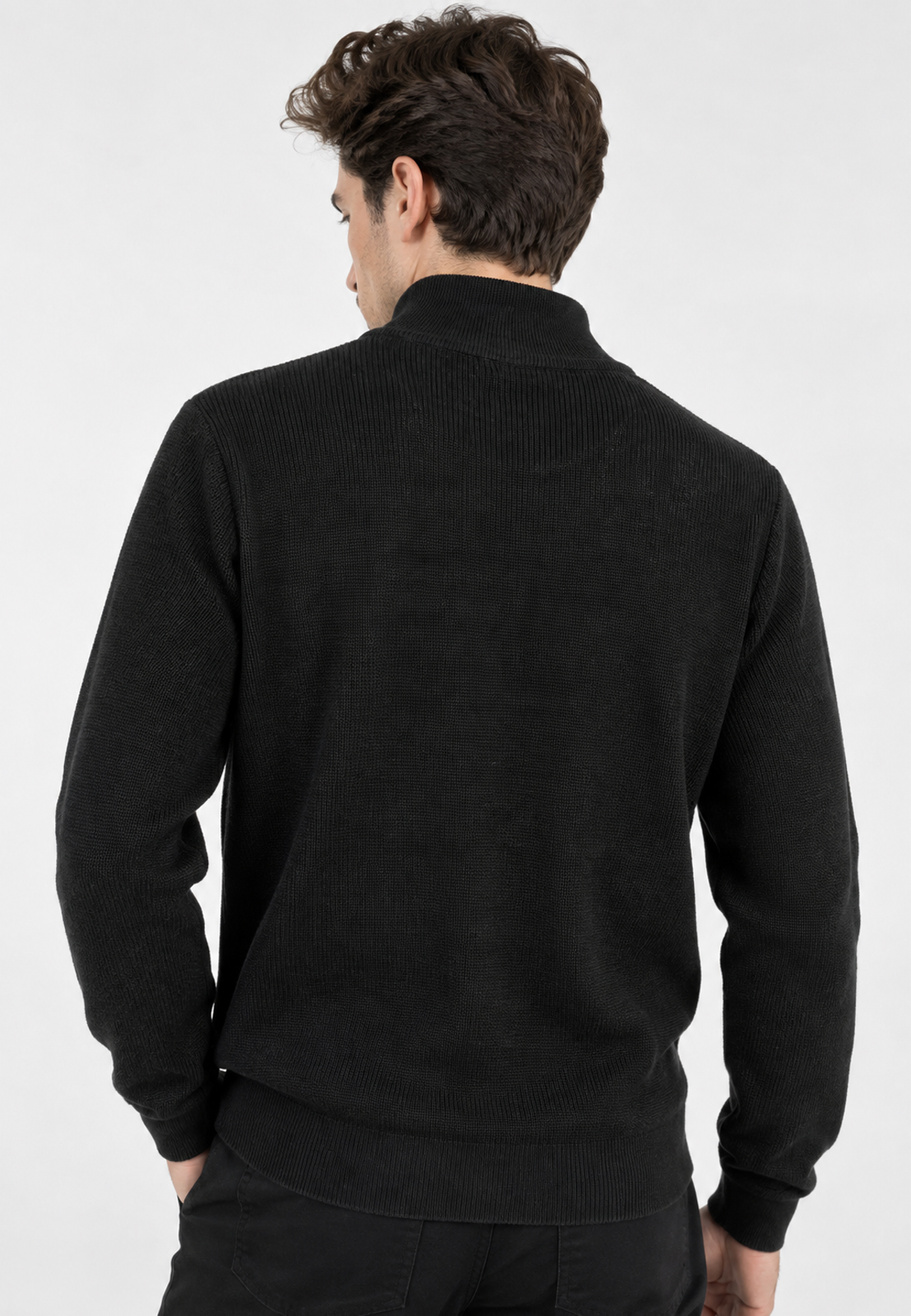 Sweter Męski Bawełniany Z Półzamkiem Stójką Elegancki Klasyczny Czarny