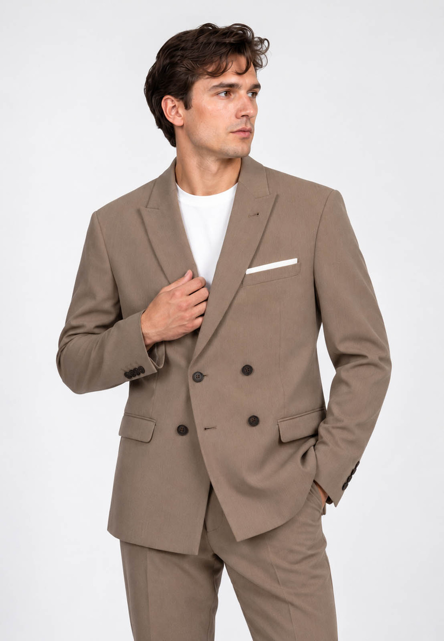 Marynarka Męska Dwurzędowa Elegancka Wizytowa Dopasowana Slim Fit Beżowa