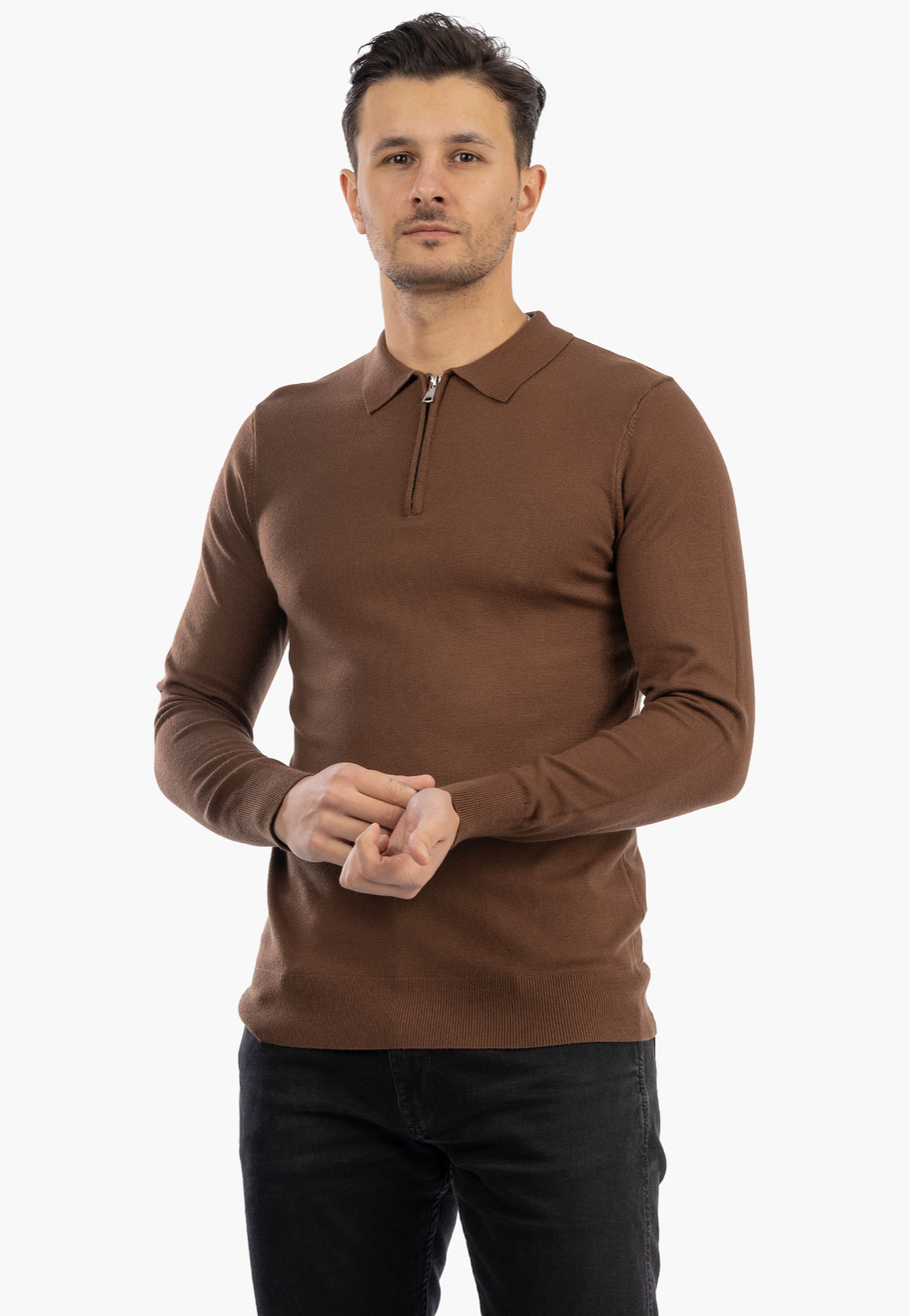 Sweter Męski Z Kołnierzem Elegancki Dopasowany Klasyczny Z Zamkiem Brązowy