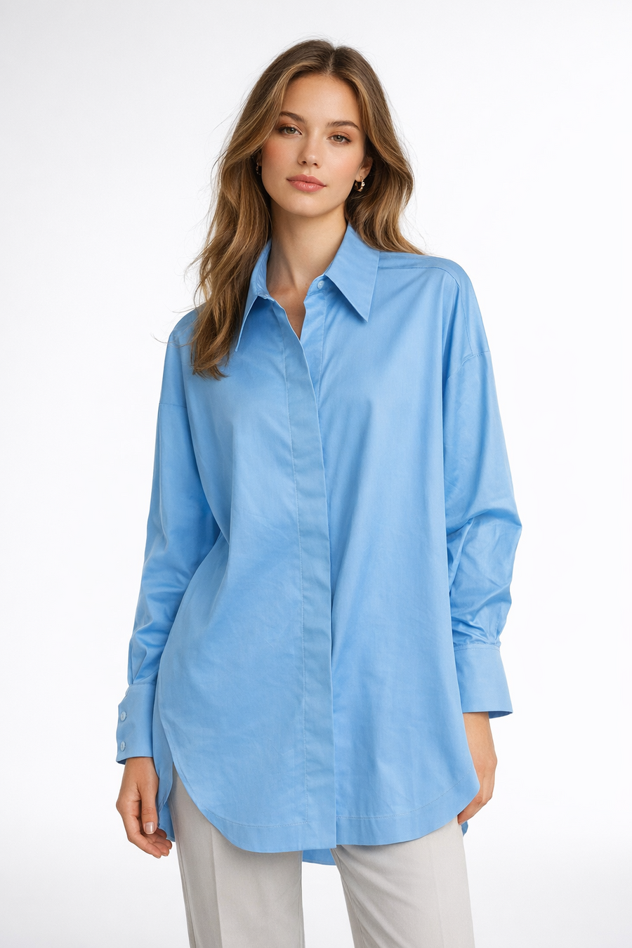 Koszula Damska Elegancka Niebieska Oversize Wizytowa Bawełna EDAN