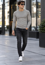 Sweter męski cienki Slim Fit mocno dopasowany z okrągłym dekoltem szary Coffee