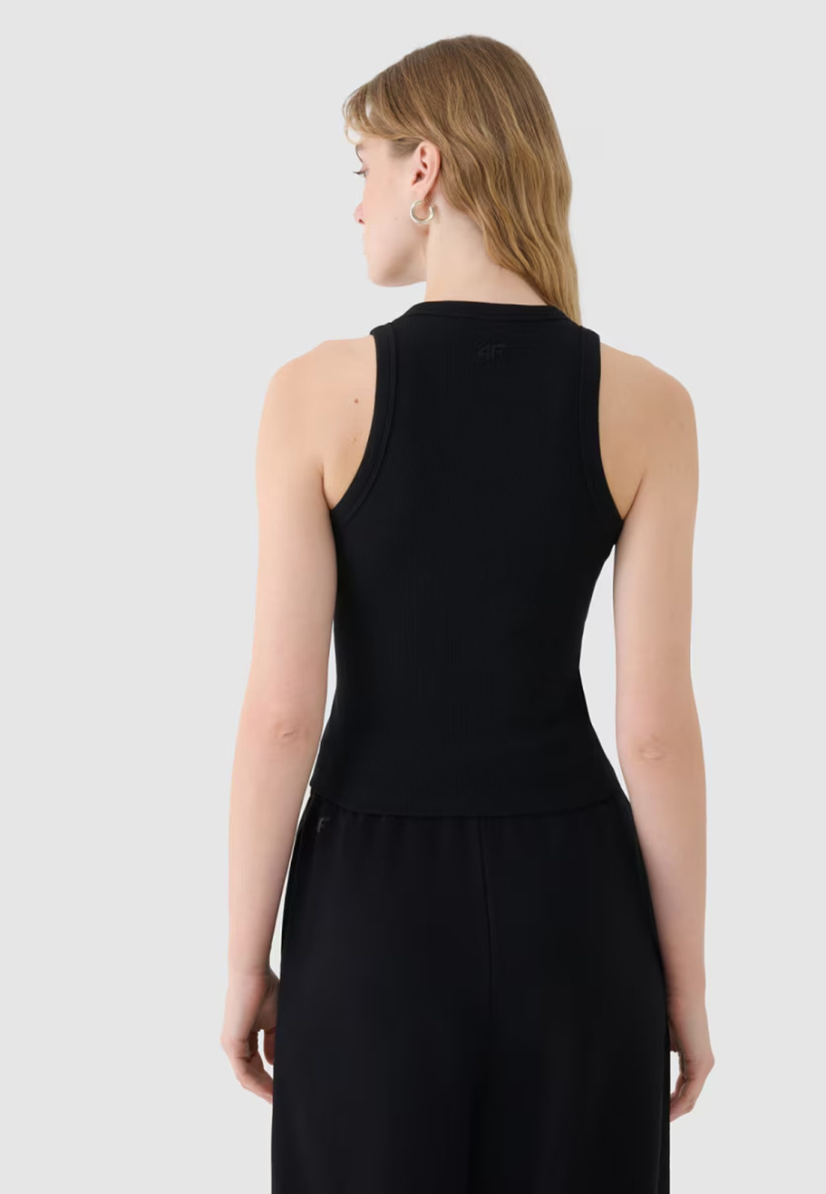 Top Damski 4F Slim Fit Z Prążkowej Dzianiny Bawełna Czarny 4FWSS25TSLEF119