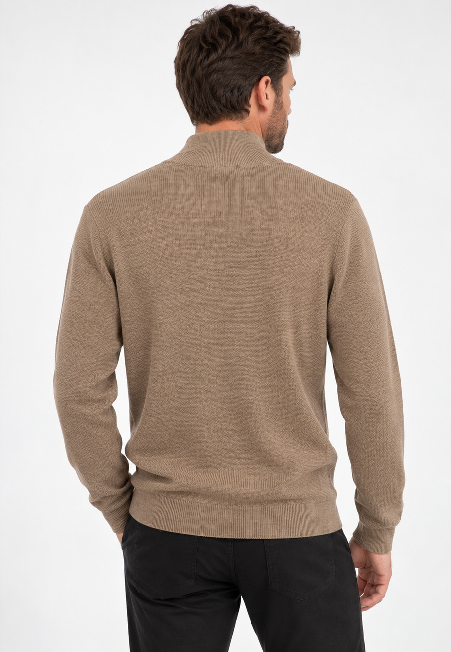 Sweter Męski Bawełniany Z Półzamkiem Stójką Elegancki Klasyczny Beżowy