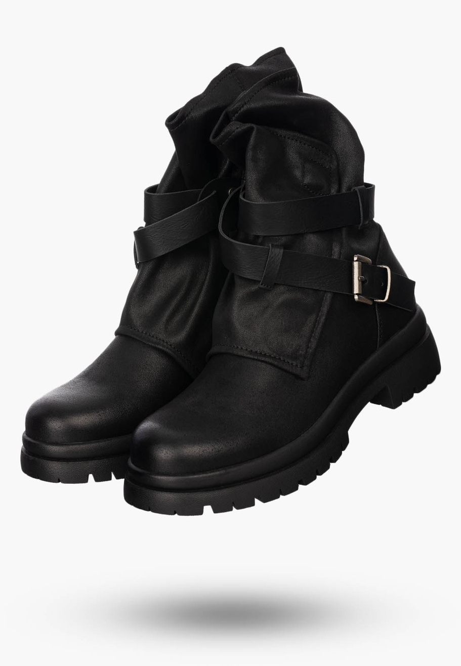 Botki Damskie Ekoskóra Buty Z Paskami Ocieplane Casual Czarne