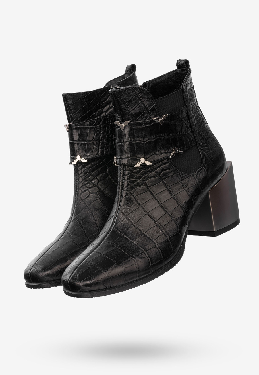Buty Damskie Botki Skórzane Na Klocku Na Zimę Ocieplane Czarne 610