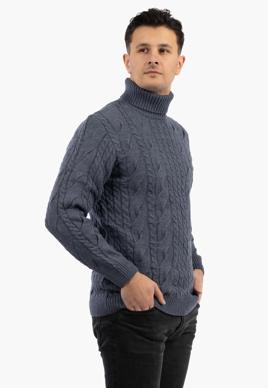 Sweter Męski Golf Jasny Granatowy Gruby Zimowy Wełniany Ciepły