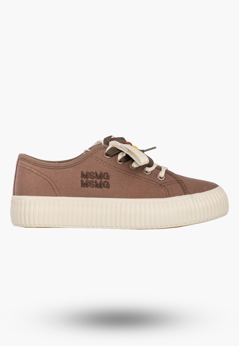 Trampki Damskie Materiałowe Sneakersy Na Platformie Sznurowane Casual Brązowe