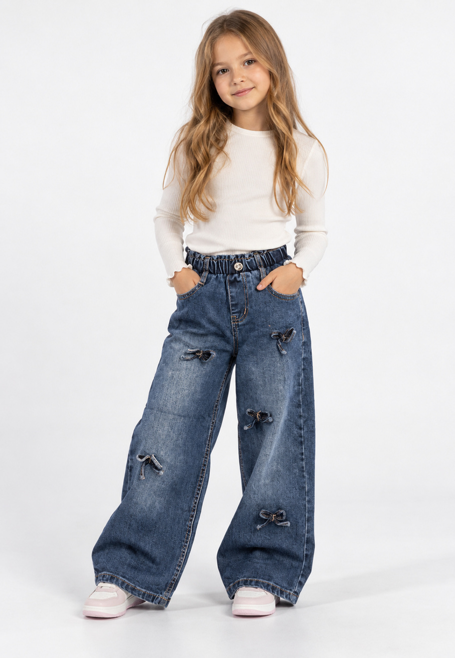 Jeansy Dziewczęce Szerokie z Kokardkami Wysoki Stan Denim Niebieskie