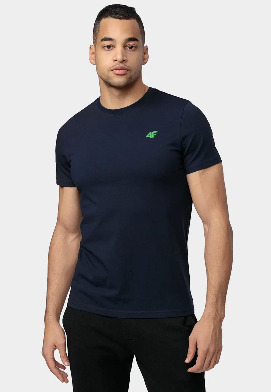Koszulka Męska 4F Granatowy z zielonym logo Sportowy T-shirt Regular 4FWSS24TTSHM1889