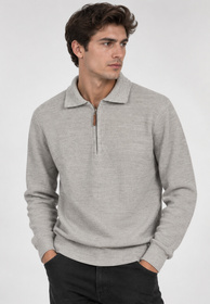 Sweter Męski Bawełniany Z Półzamkiem Stójką Elegancki Klasyczny Szary