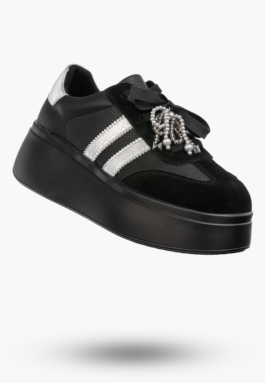 Sneakersy Damskie Skórzane Półbuty Buty Na Platformie Czarne D&A
