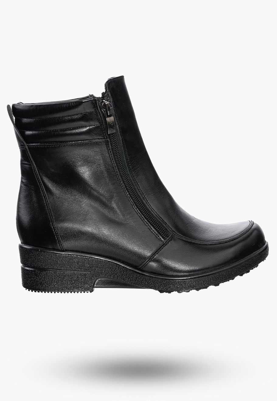 Buty Damskie Botki Skórzane Czarne Ocieplane Na Koturnie Na Zimę 204