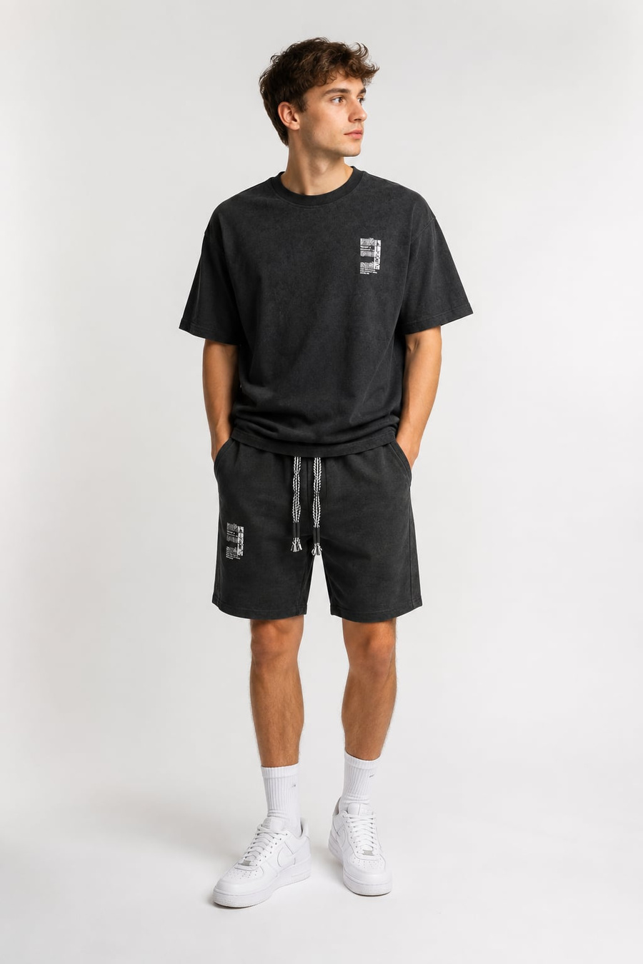 Komplet Męski T-Shirt Szorty Dresowe Casual Letni Zestaw Bawełniany Czarny