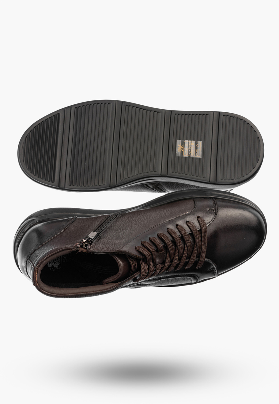 Trzewiki Skórzane Męskie Buty Sneakersy Wysokie PREMIUM SOLE Kawowe
