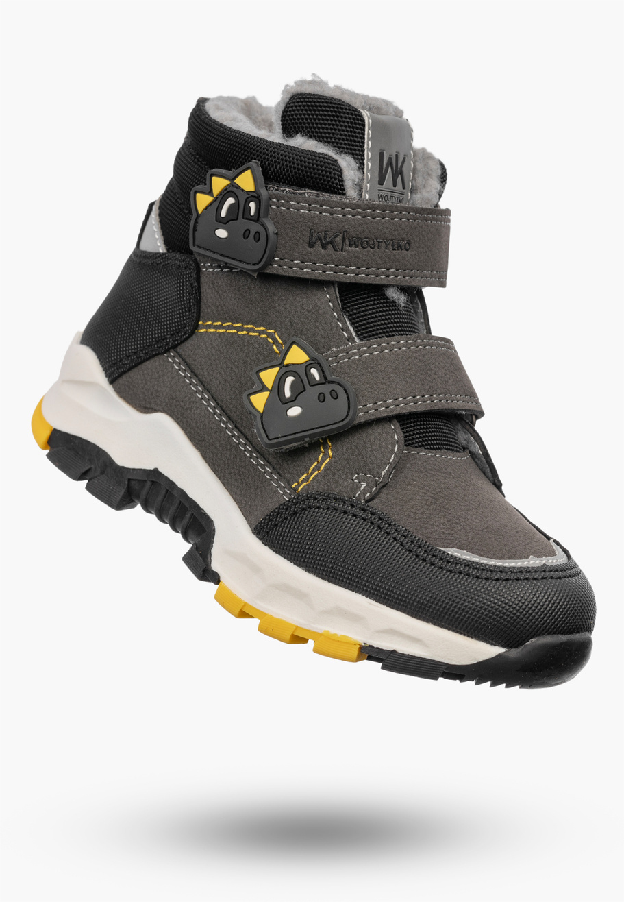 Buty Dziecięce Zimowe Ekoskóra Sneakersy Ocieplane Na Rzepy Trapery Szare