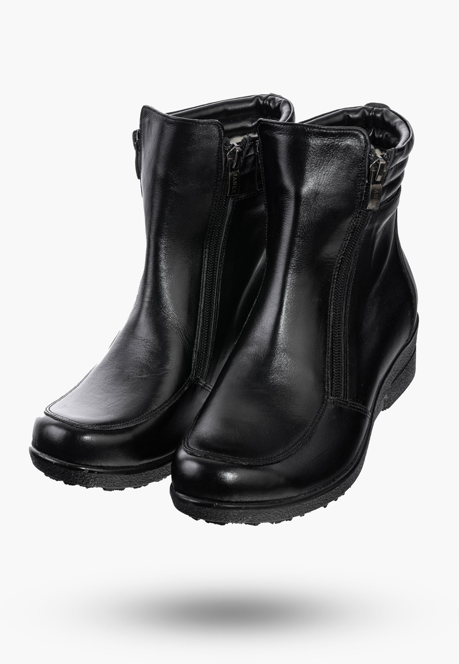 Buty Damskie Botki Skórzane Czarne Ocieplane Na Koturnie Na Zimę 204