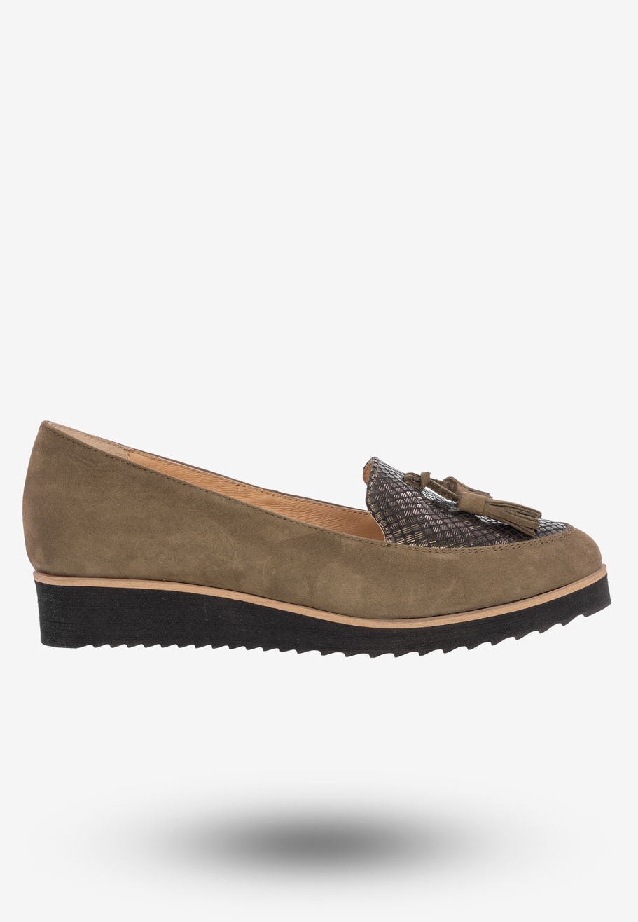 Buty Damskie Mokasyny Na Koturnie Modne Khaki 1152X