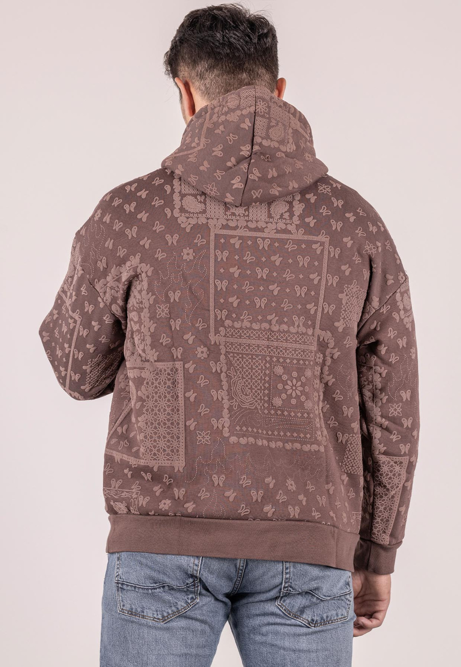 Bluza męska oversize ocieplana z kapturem paisley brązowa
