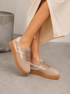 Sneakersy Damskie Skórzane Buty Zamszowe Sportowe Na Platformie Casual Beżowe
