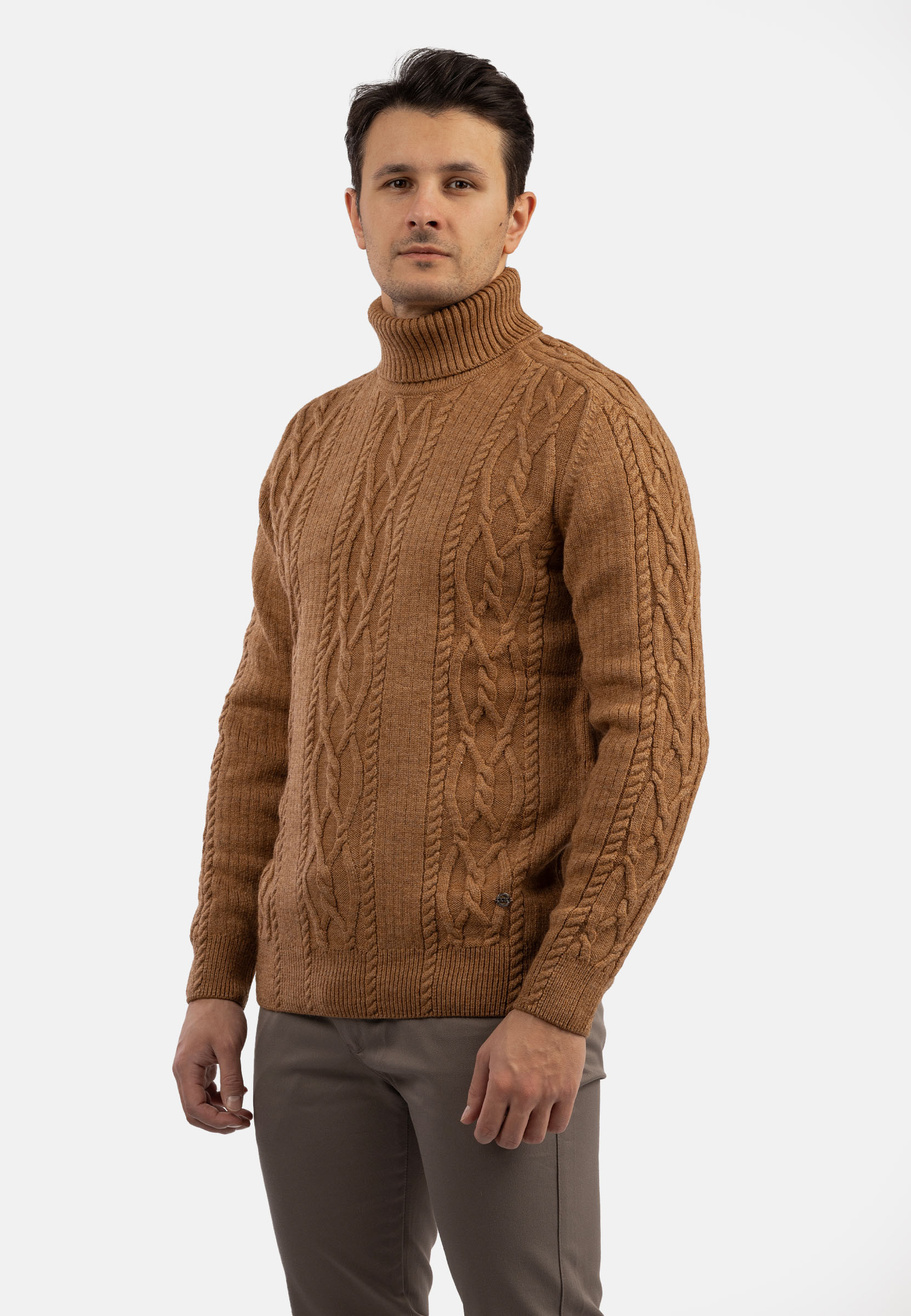 Sweter Męski Golf Brązowy Gruby Zimowy Wełniany Ciepły