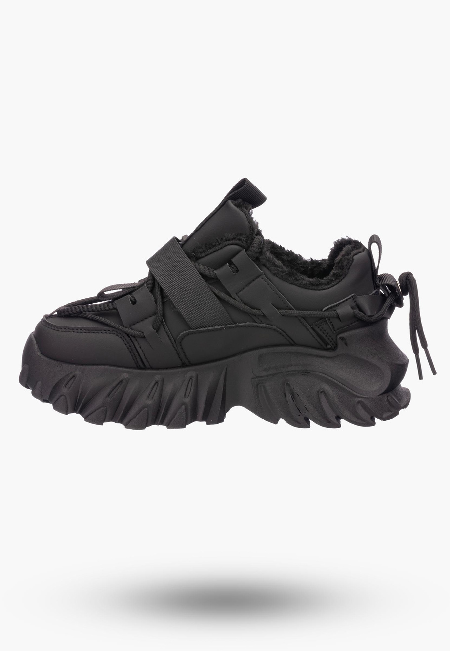 Buty Damskie Czarne Sneakersy na wysokiej podeszwie ocieplane 364