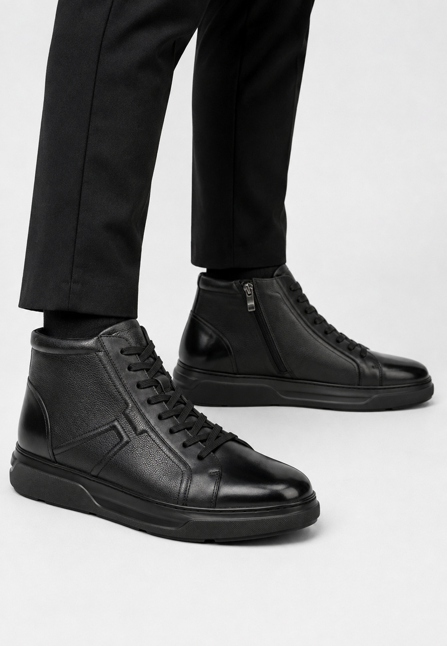 Trzewiki Skórzane Męskie Buty Sneakersy Wysokie PREMIUM SOLE Czarne