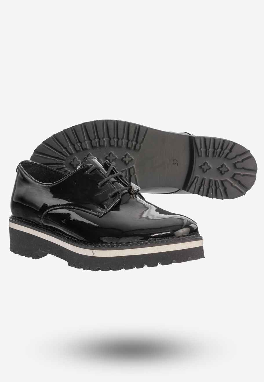 Półbuty Buty Damskie Skórzane Eleganckie Czarne Lakierowane 3519/090-P