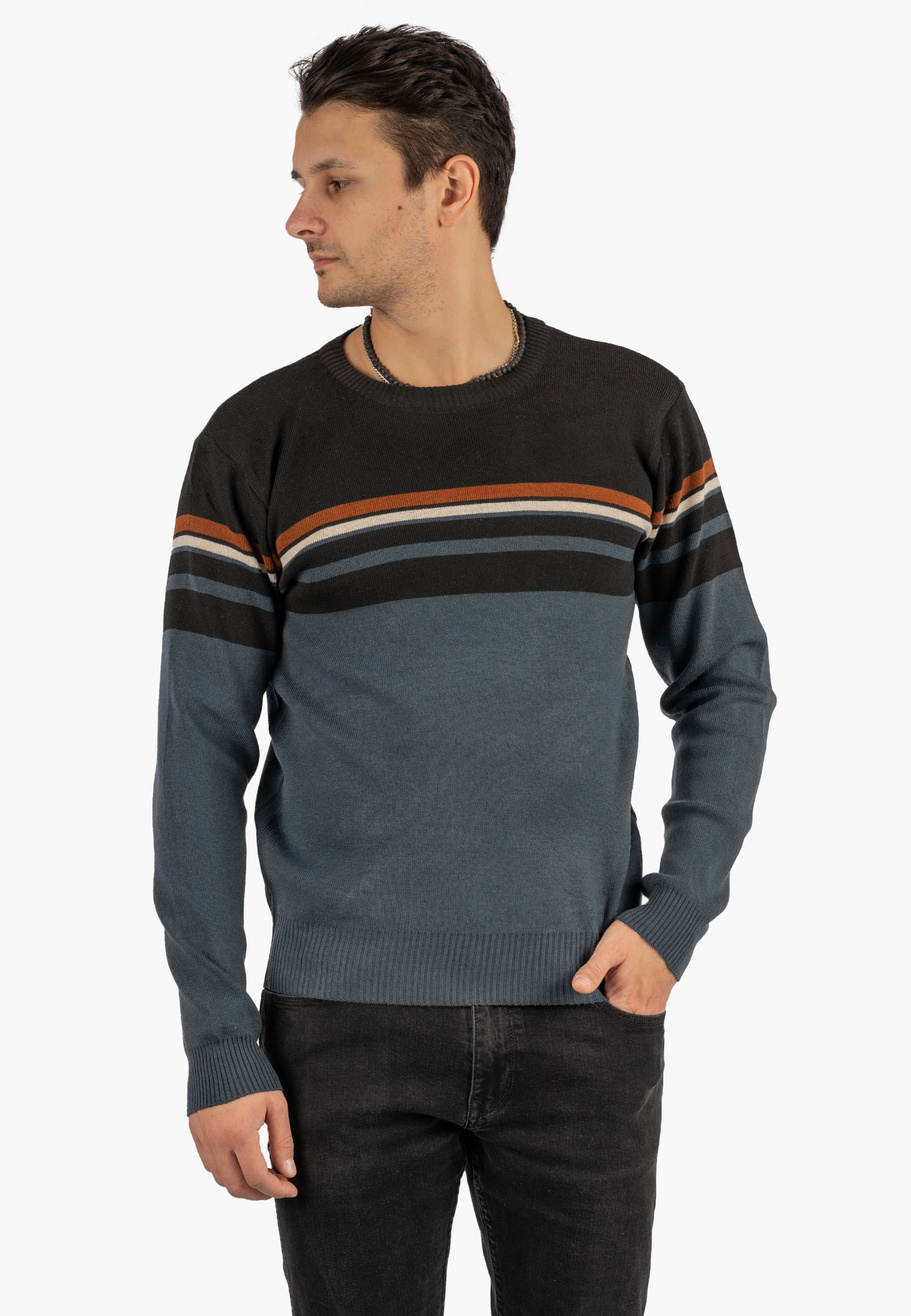 Sweter Męski Klasyczny Elegancki Wygodny Okrągły Dekolt Czarny W Paski MUST