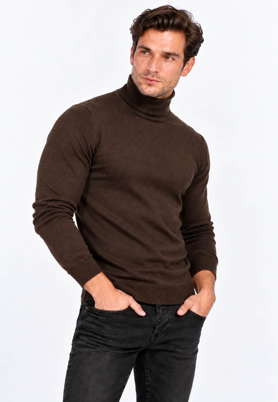 Golf Męski Elegancki Sweter Slim Fit Dopasowany Klasyczny Brązowy