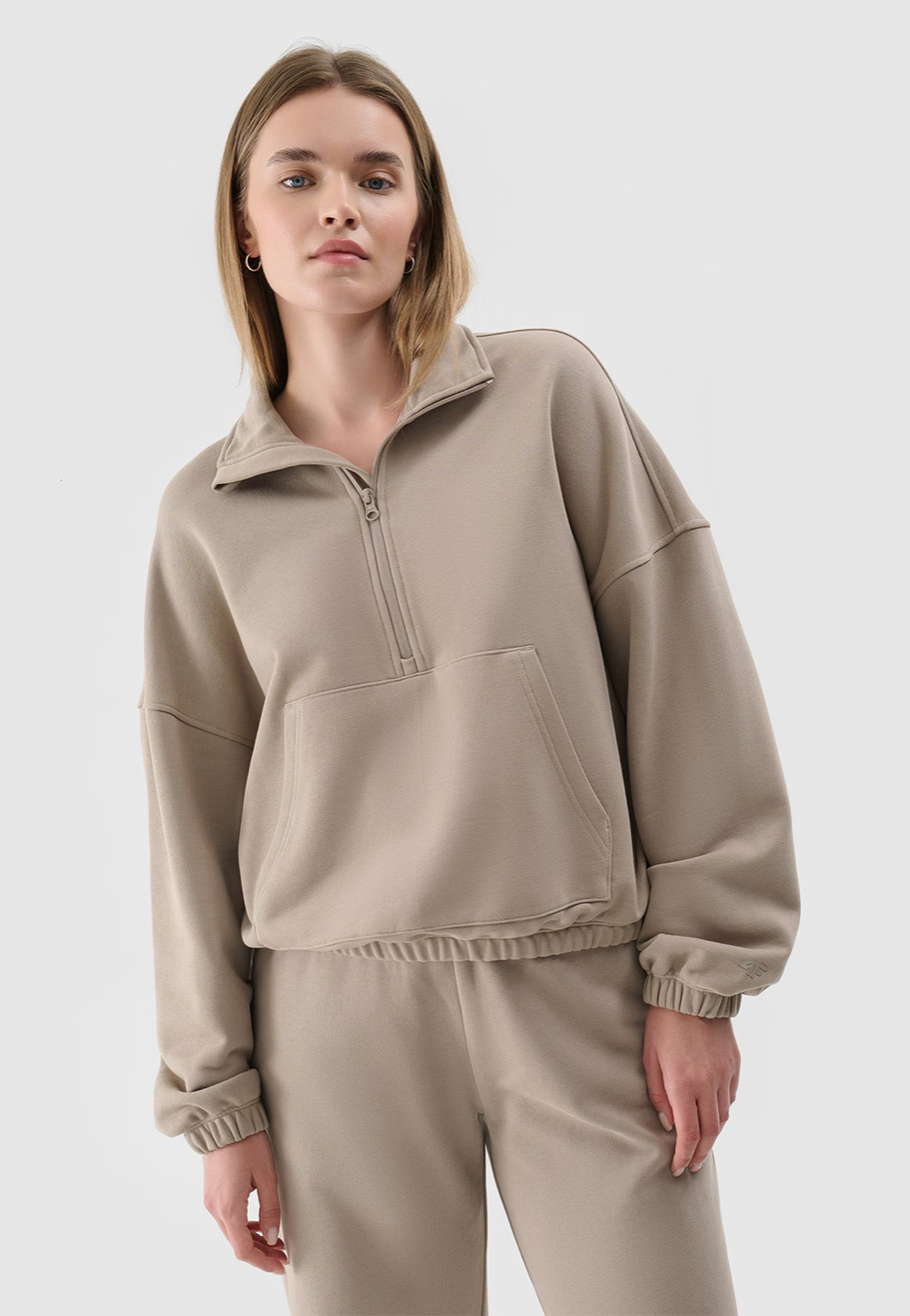 Bluza Dresowa Damska 4F Bez Kaptura Ze Stójką Beżowa 4FRAW24TSWSF1824