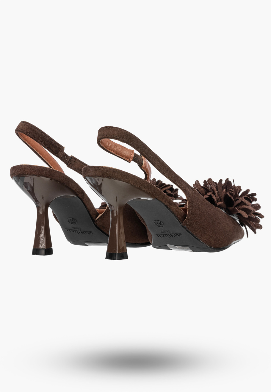 Szpilki Damskie Czółenka Slingback z Kwiatem Eleganckie Brązowe