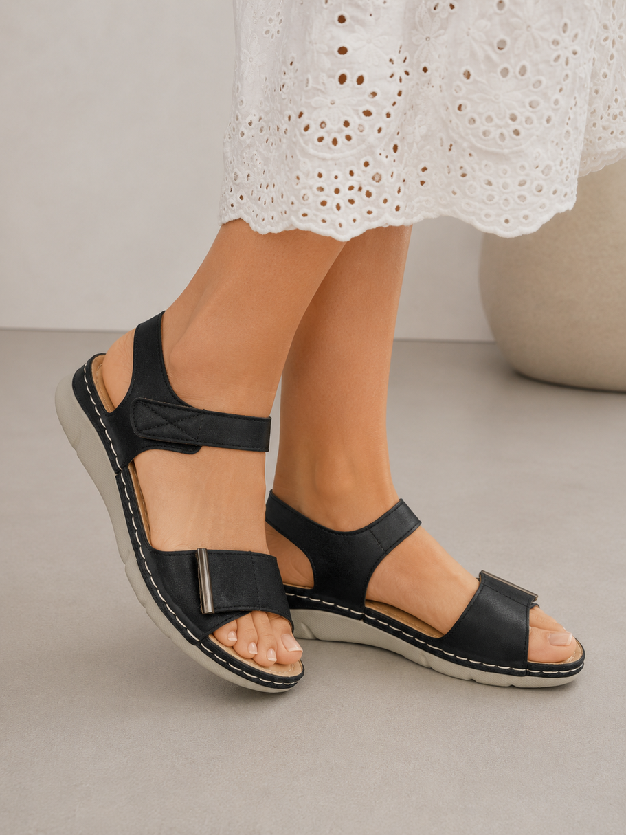 Sandały Damskie Ekoskóra Casual Buty Na Rzepy Letnie Lekkie Czarne