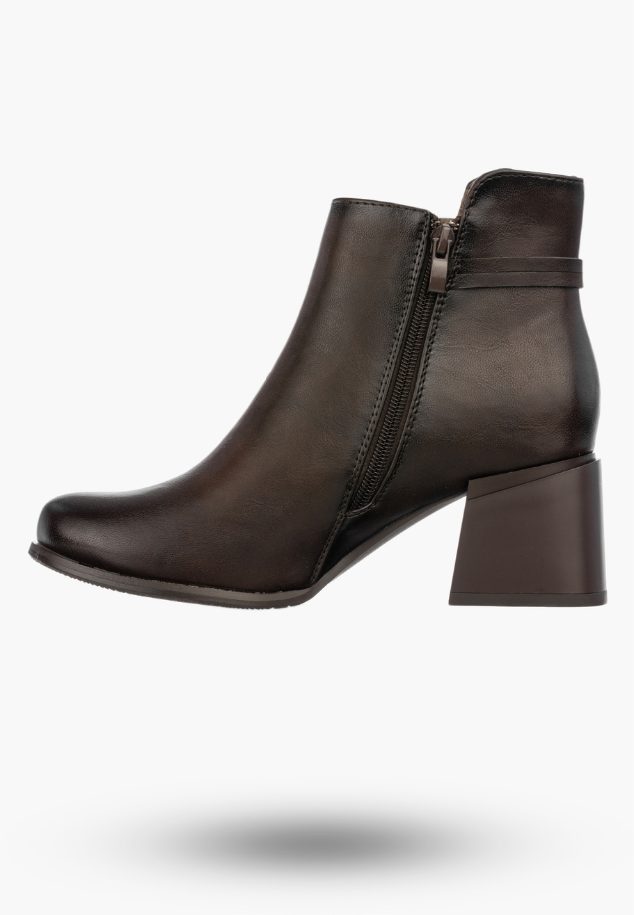 Botki Damskie Ekoskóra Ocieplane Buty Na Kocku Zimowe Eleganckie Brązowe Jezzi