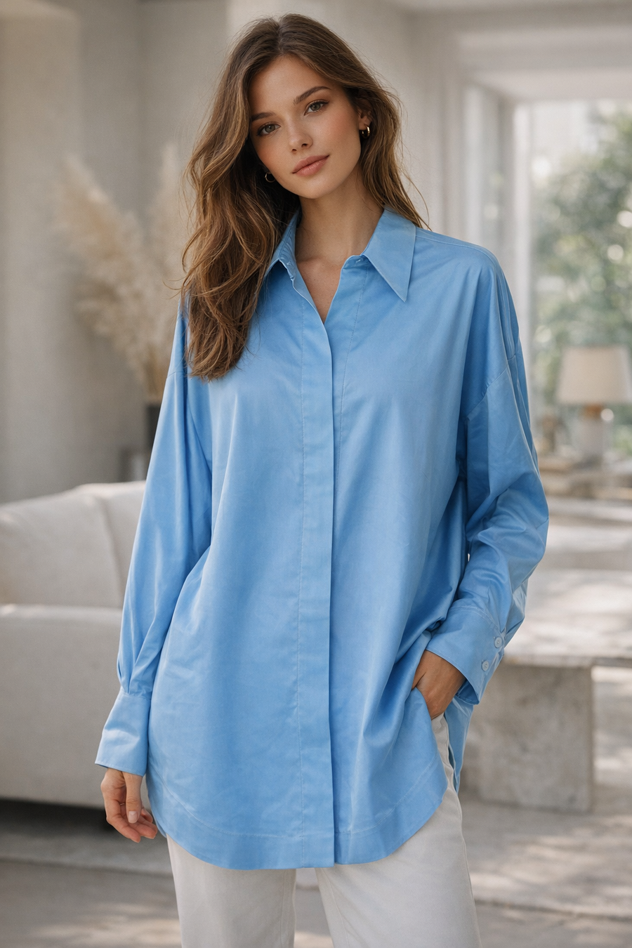 Koszula Damska Elegancka Niebieska Oversize Wizytowa Bawełna EDAN