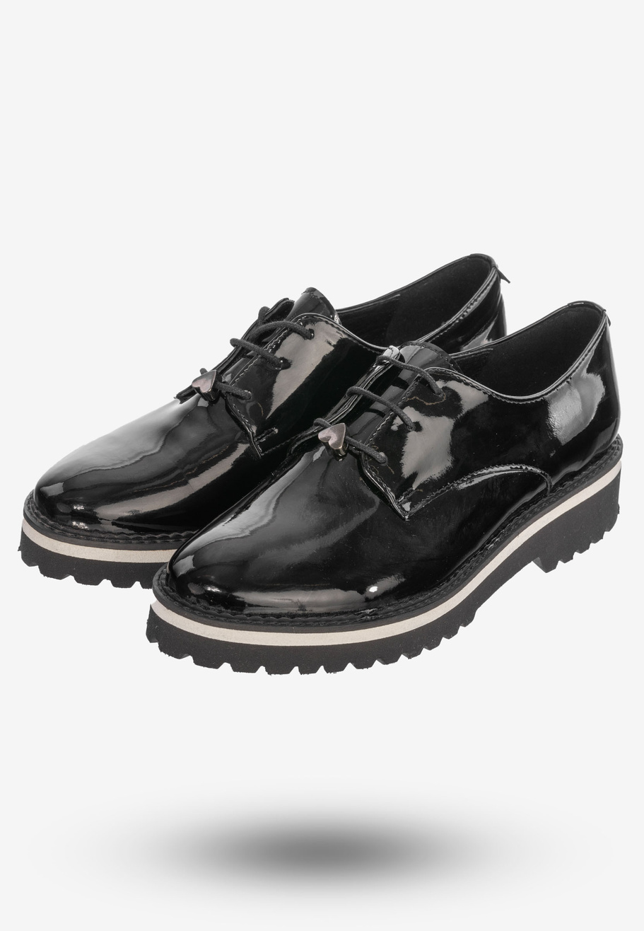 Półbuty Buty Damskie Skórzane Eleganckie Czarne Lakierowane 3519/090-P