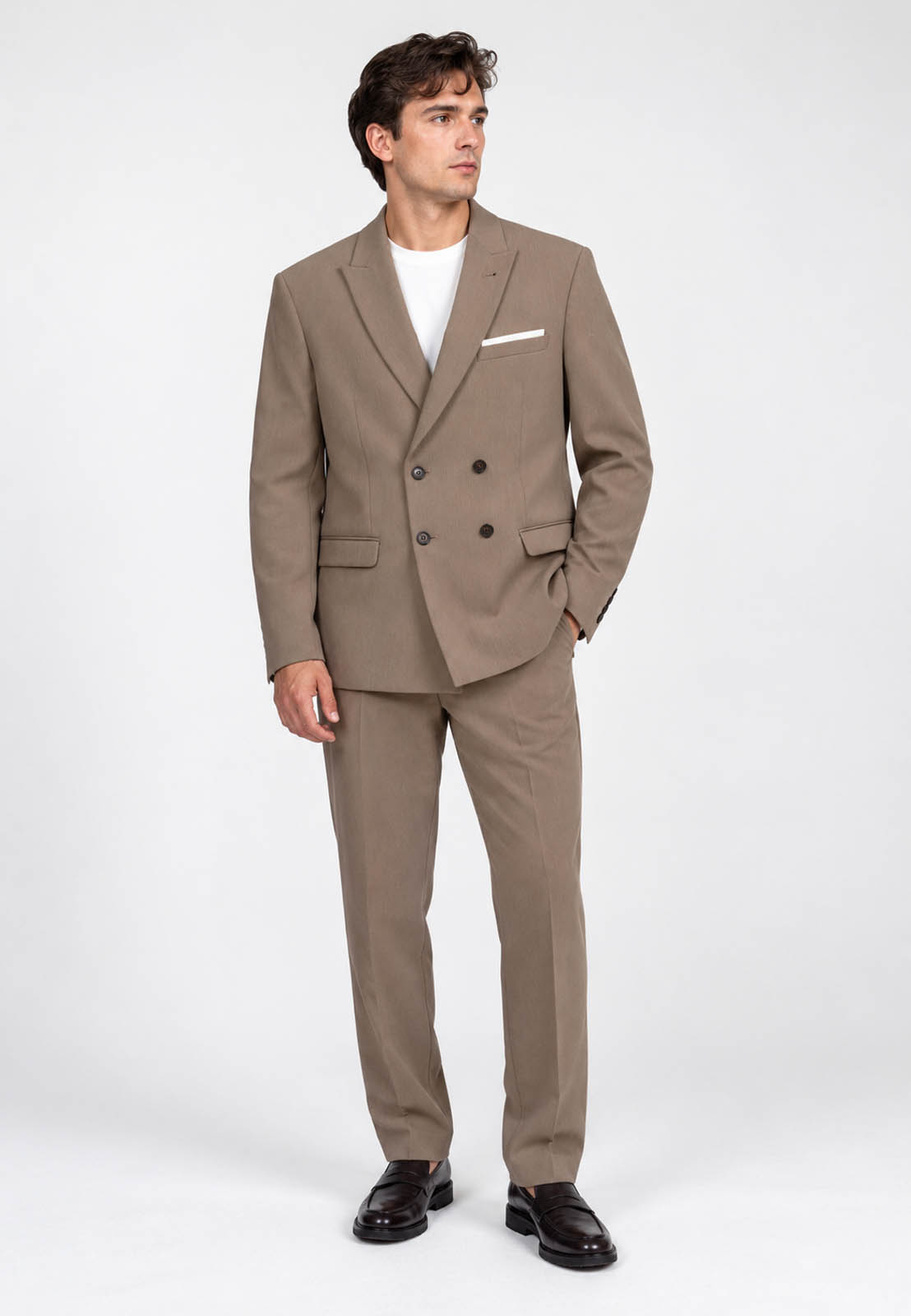 Marynarka Męska Dwurzędowa Elegancka Wizytowa Dopasowana Slim Fit Beżowa