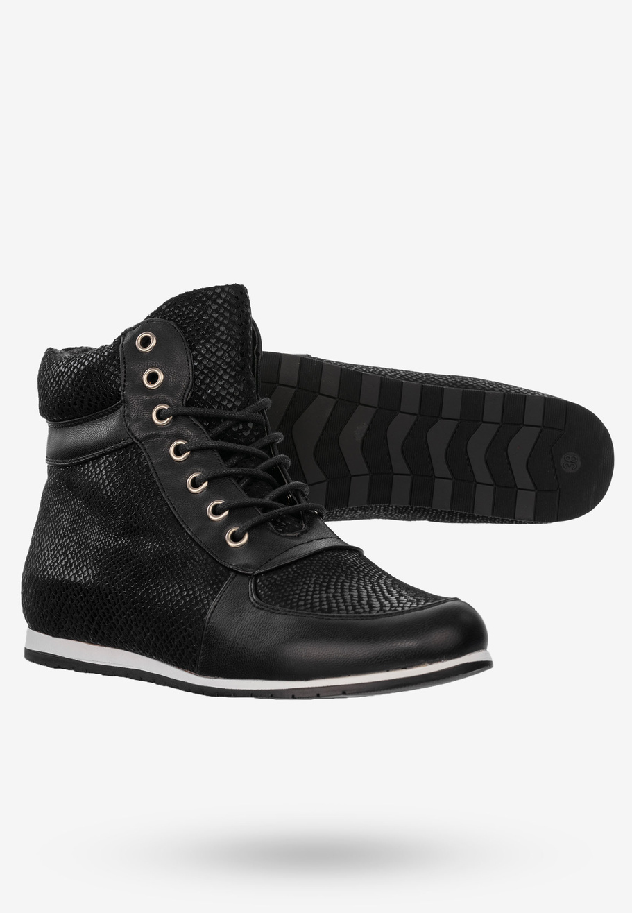 Buty Damskie Botki Ekoskóra Na Zimę Klasyczne Sznurowane Czarne 3802