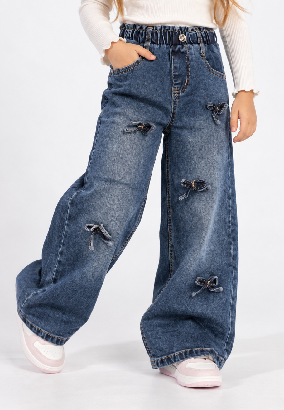 Jeansy Dziewczęce Szerokie z Kokardkami Wysoki Stan Denim Niebieskie