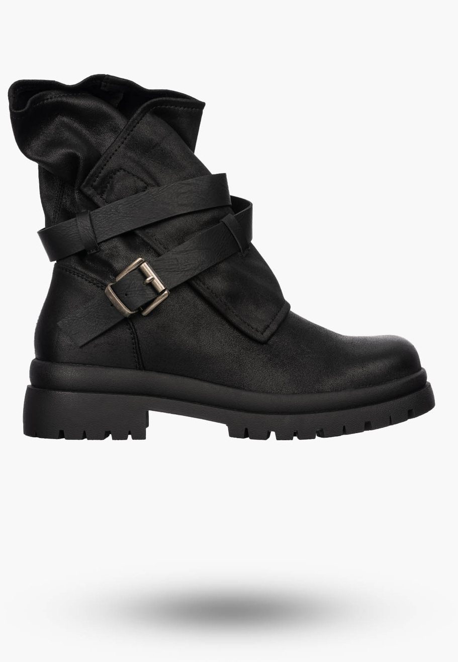 Botki Damskie Ekoskóra Buty Z Paskami Ocieplane Casual Czarne