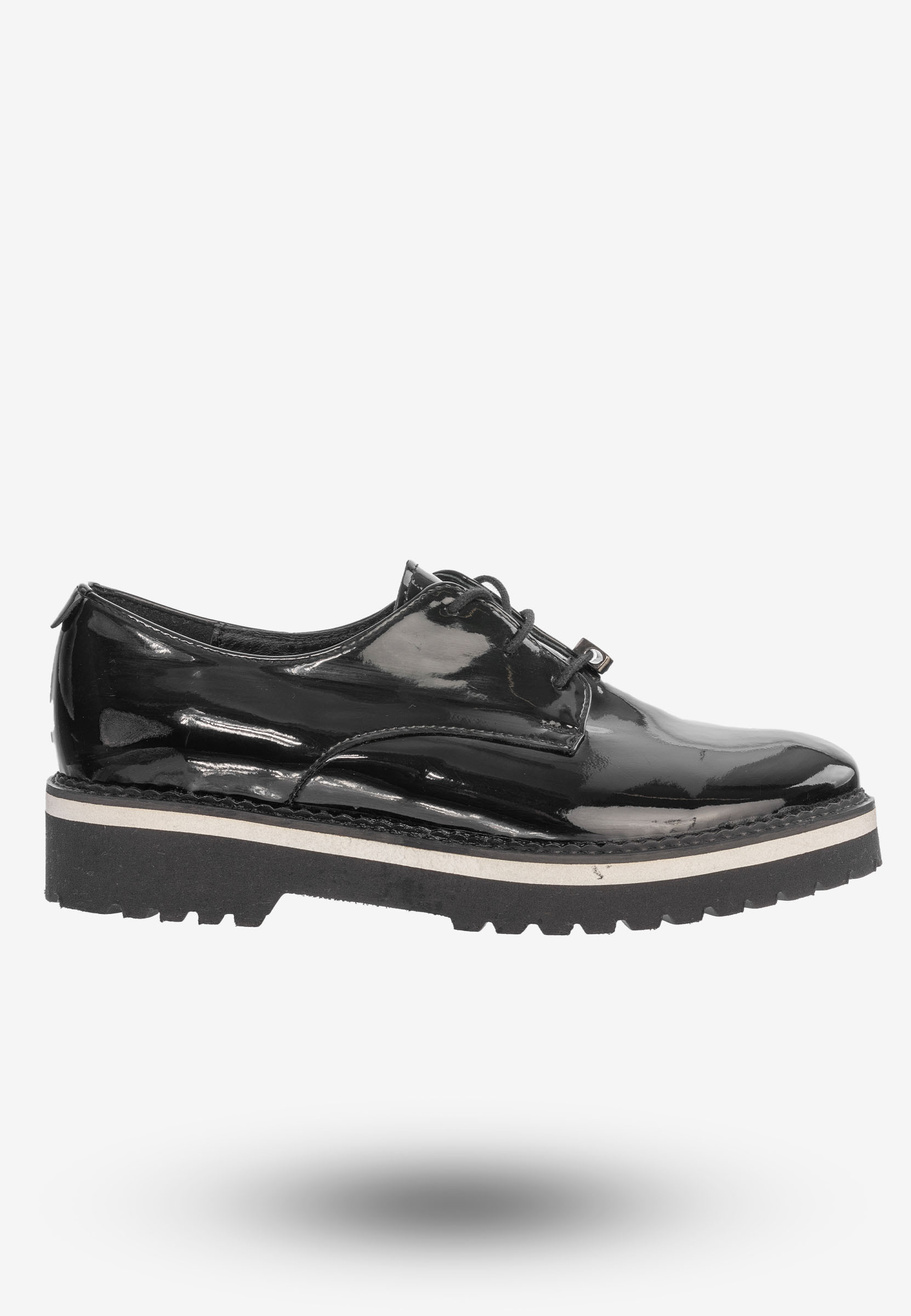 Półbuty Buty Damskie Skórzane Eleganckie Czarne Lakierowane 3519/090-P