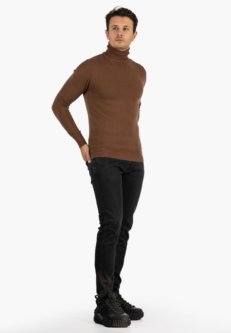 Sweter Męski Golf Elegancki Klasyczny Brązowy Tony Moro