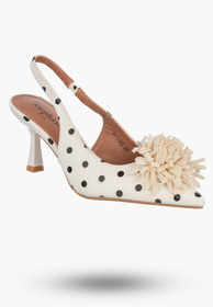 Szpilki Damskie Ekoskóra Czółenka Slingback z Kwiatem Eleganckie Białe W Kropki