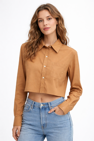 Koszula Damska Elegancka Camel Krótka Casual Z Długim Rękawem Wiskoza EDAN