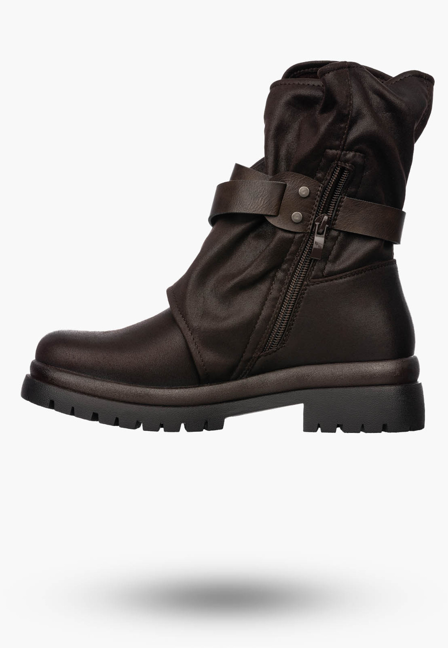 Botki Damskie Ekoskóra Buty Z Paskami Ocieplane Casual Brązowe