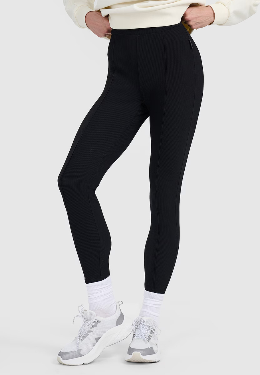 Legginsy Damskie 4F Sportowe Prążkowane Wysoki Stan Slim Czarne 4FWAW25TTIGF237