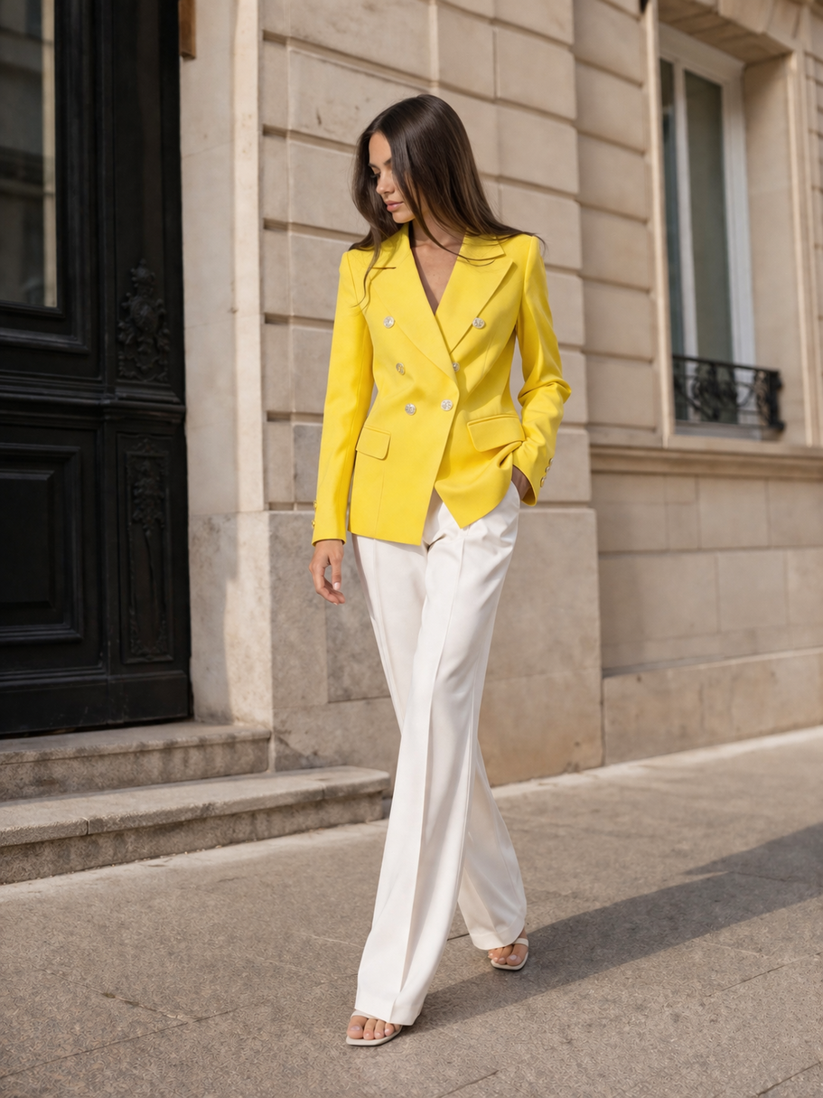 Marynarka Damska Żakiet Z Kieszeniami Casual Elegancki Żółty EDAN